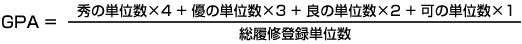 GPA = (秀の単位数×4 + 優の単位数×3 + 良の単位数 + 可の単位数×1)÷総履修登録単位数